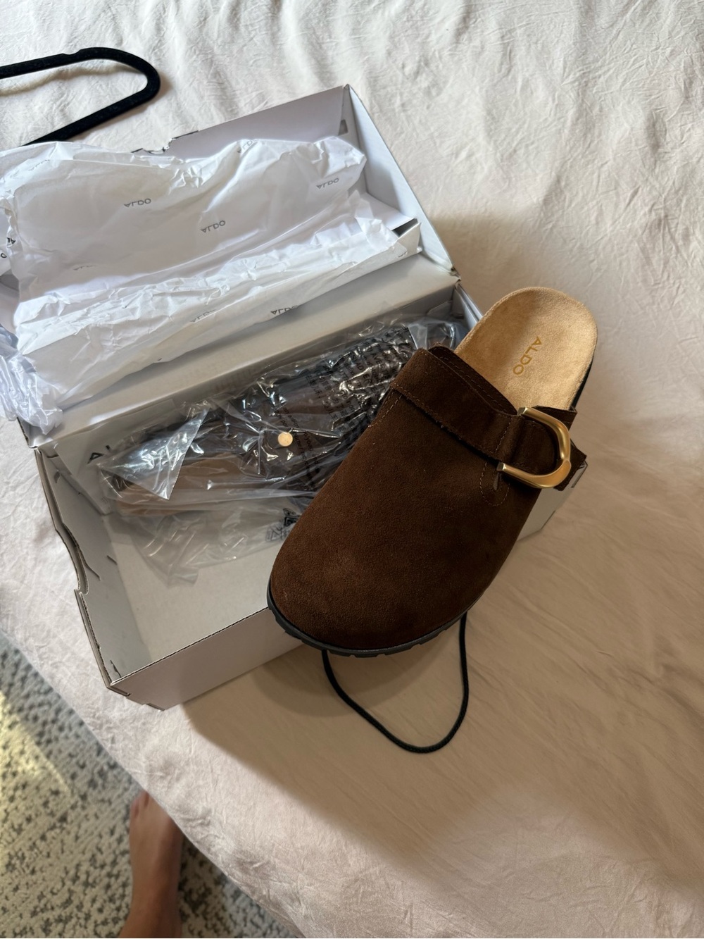 ALDO Brown Suede Slip-On Mule with Gold Buckle